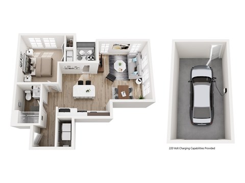 Floor plan for 1 bed, 1 bath, 742 sqft